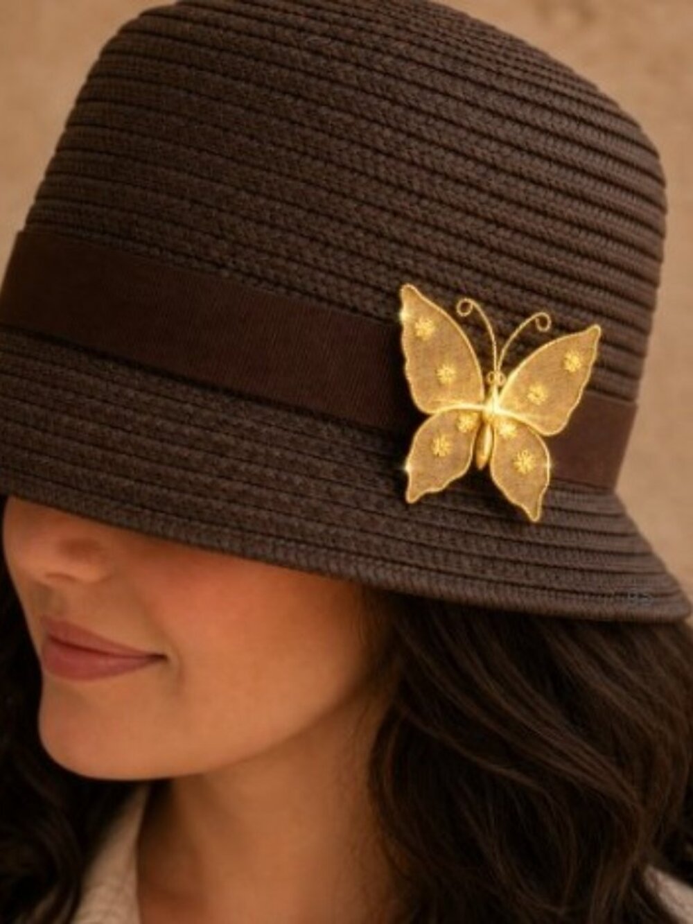Vintage Gold Tone Mesh Butterfly Brooch Floral Accents Mid Century C‑Clasp Pin